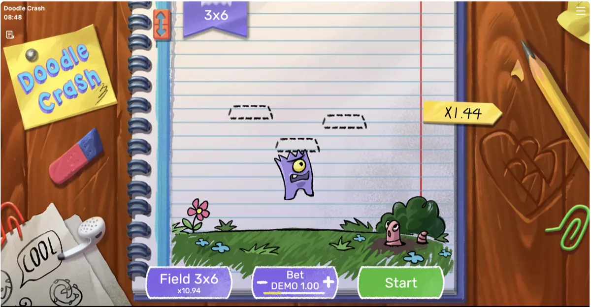 Doodle Crash gameplay on the 3x6 field size showing multiplier progression