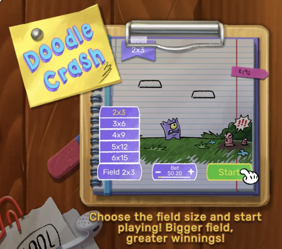 Doodle Crash field selection menu on mobile showing all five field size options