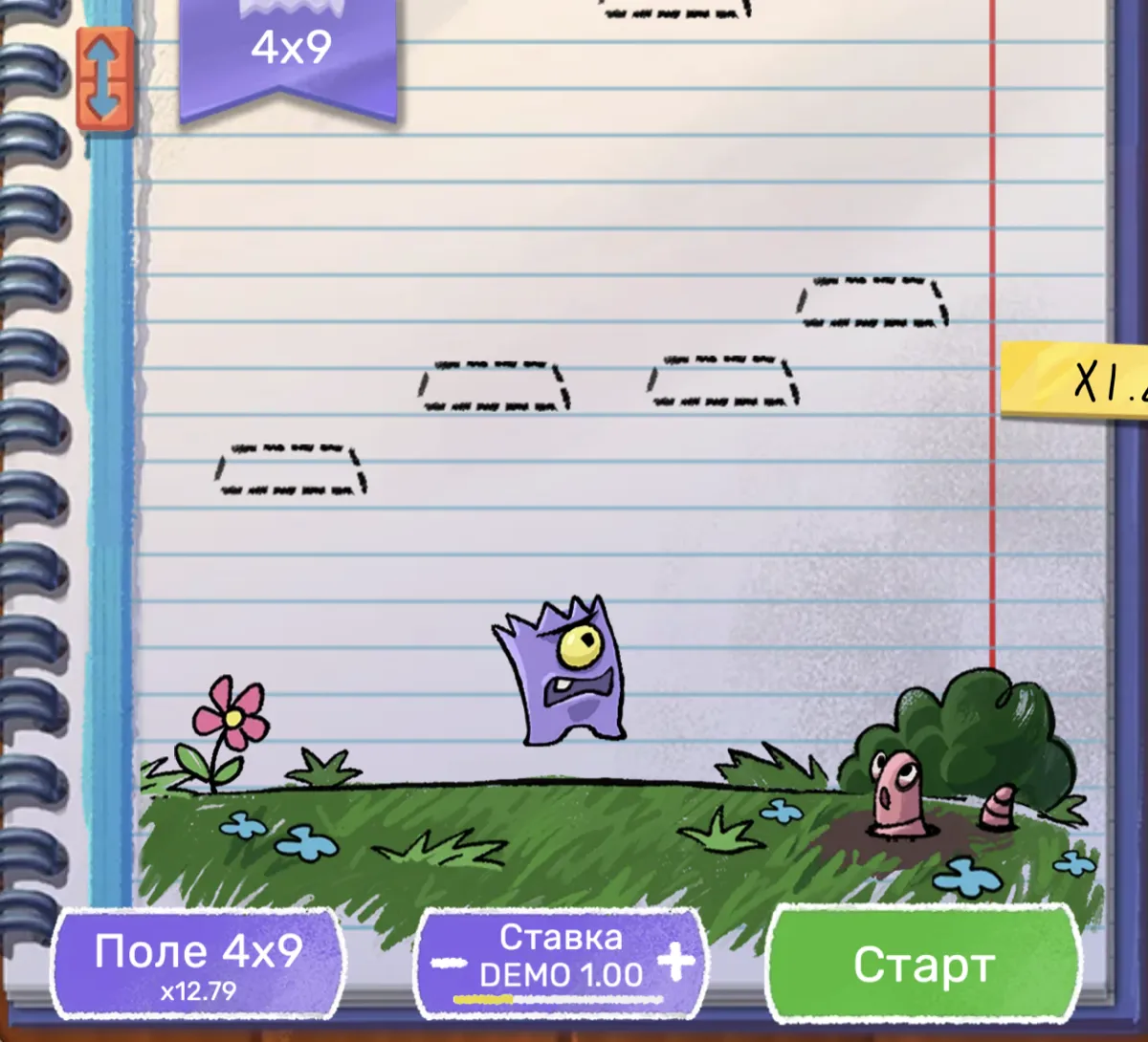 Doodle Crash gameplay on 4x9 field showing 4 platforms per row across 9 levels