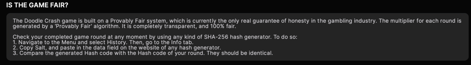 Doodle Crash provably fair information screen showing SHA-256 hash verification details